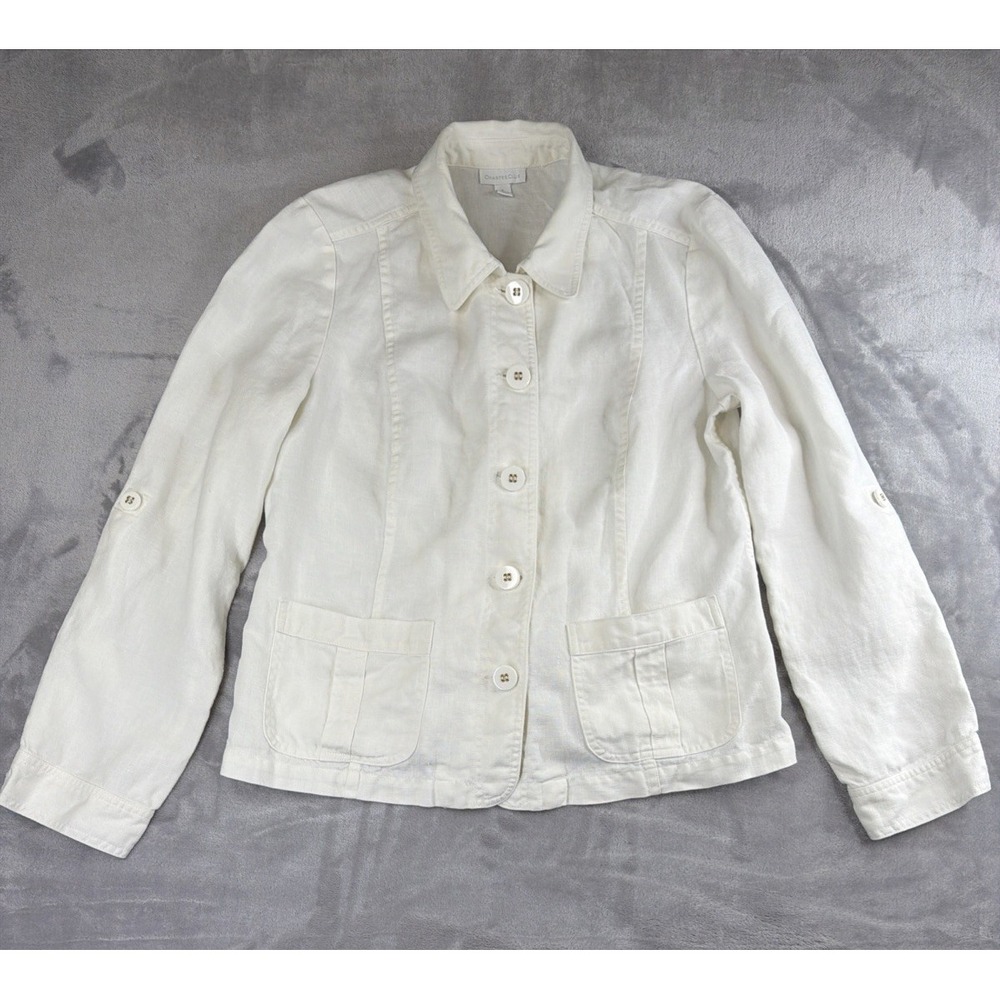 Charter Club Womens L White Linen Blend Button Front Jacket Blazer Pockets